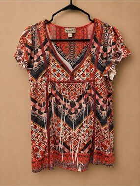 ONE WORLD Red and Pink Geo-Print V-Neck Tunic